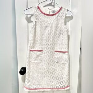 Vineyard Vines Girls White Eyelet Shift Dress with Pink Trim, Size 10